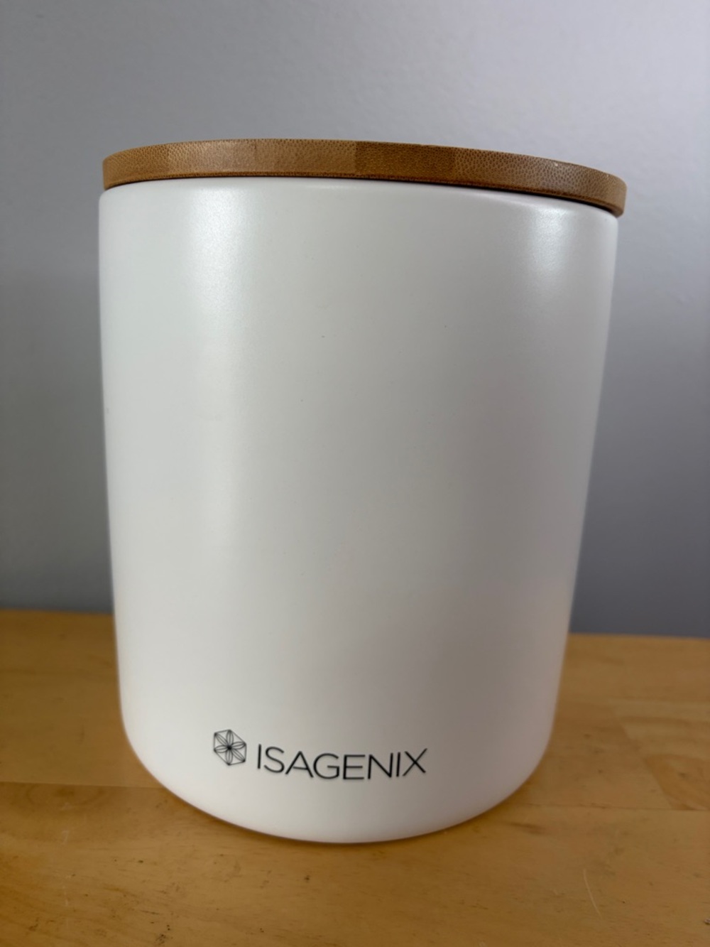 Isagenix White Ceramic Canister with Tan Wood Lid Limited Edition